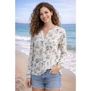 Greylin Cream Black Nautical Beachy Print Long Sleeve Blouse XS